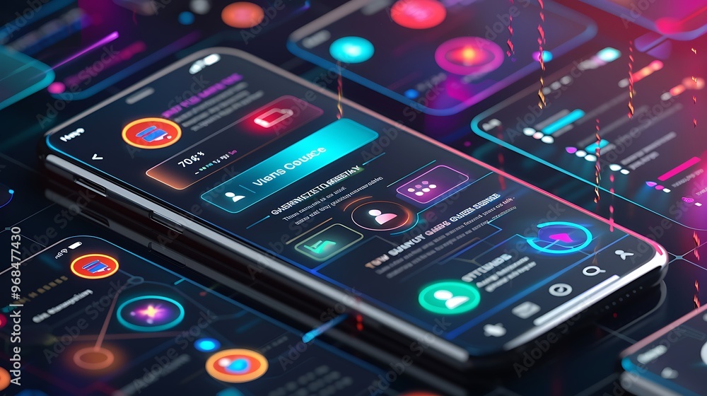 Poster close-up shot of a mobile phone screen showcasing a futuristic interface with colorful icons and but