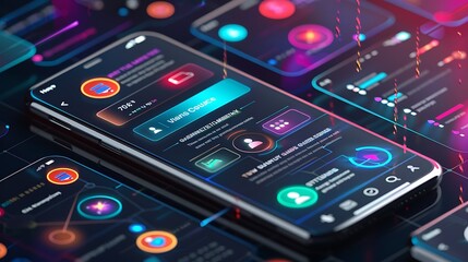 Close-up shot of mobile phone screen with futuristic interface for colorful icons sleek buttons and modern high-tech mobile app design concept.