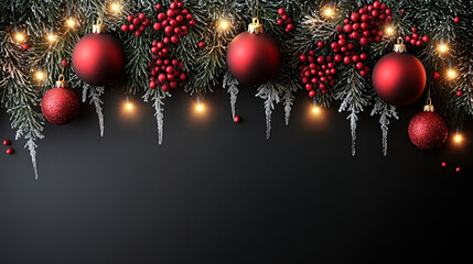 Merry Christmas and Happy New Year bright colorful composition. Xmas background with festive decorative elements. Festive banner and web poster, greeting card, flyer and brochure