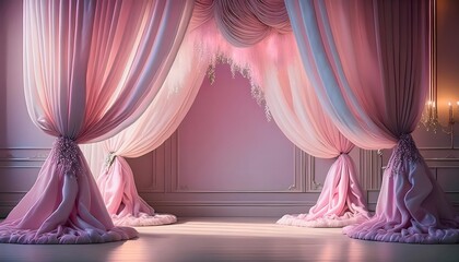 3D illustration of a velvet stage curtain backdrop in a classic theater design for background graphic resource.