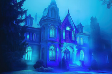 Haunted Victorian Night: A gothic Victorian mansion shrouded in ethereal blue mist, its facade glowing with an otherworldly light, evokes a chilling sense of mystery and suspense. 