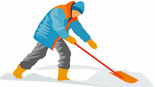 Person in blue jacket and yellow boots shoveling snow. Gray pants and white hat complete the winter outfit. Orange shovel contrasts against blue background. 