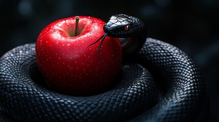 Black snake coiled around a red apple
