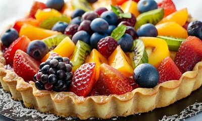 Colorful fruit tart topped with fresh berries and powdered sugar - Powered by Adobe