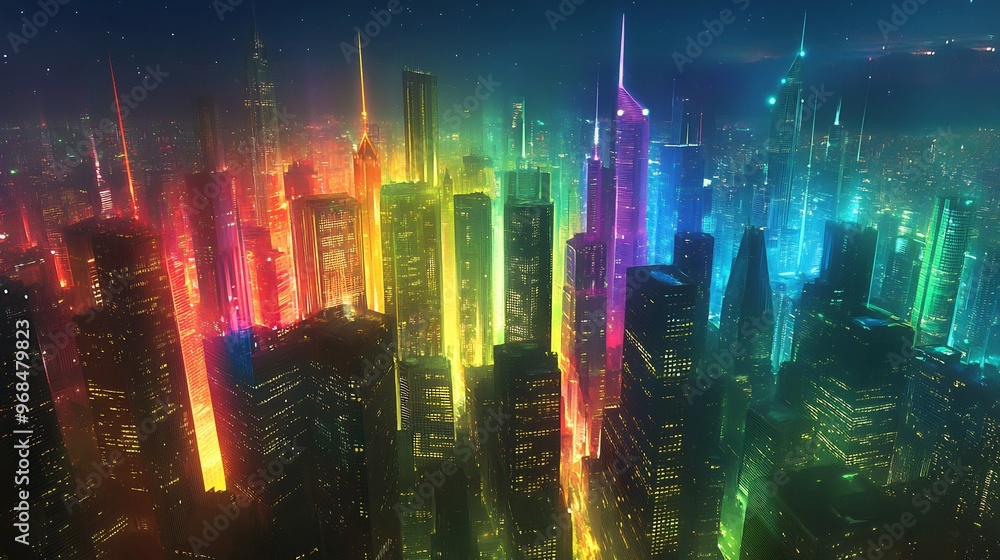 Wall mural Rainbow Cityscape - Neon Dreams