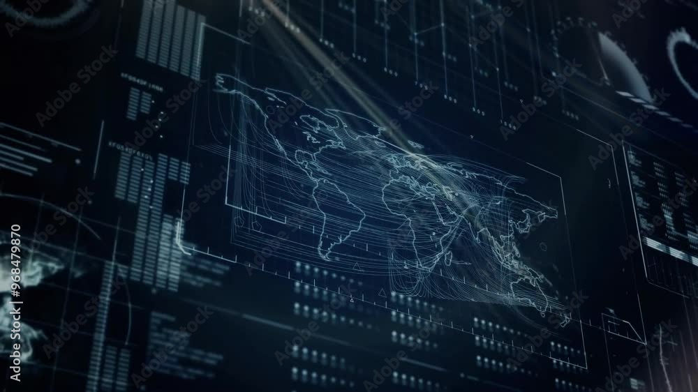 Poster animation of digital data processing over world map on dark background