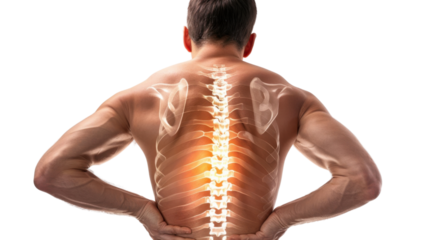 Man suffering from a lower back pain on transparent background