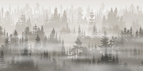 Coniferous forest in the morning fog, landscape in sepia tones, monochrome, vector landscape