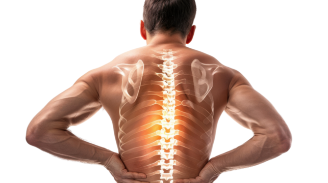 Man suffering from a lower back pain on transparent background