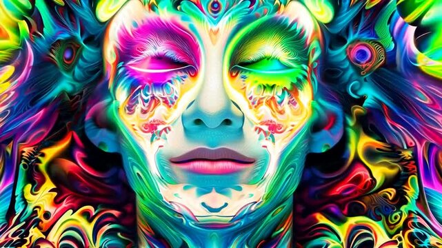 Psychedelic face art blending vibrant colors and detailed patterns in a fantasy-inspired, surreal design