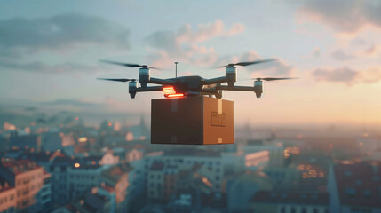 Delivery drone flying over cityscape at sunrise with a package.