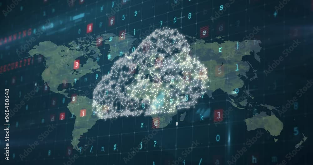 Poster animation of virus warning text, cloud and digital data processing over world map