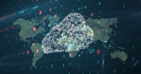 Animation of virus warning text, cloud and digital data processing over world map - Powered by Adobe