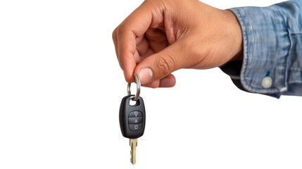 Hand holding car keys on transparent background