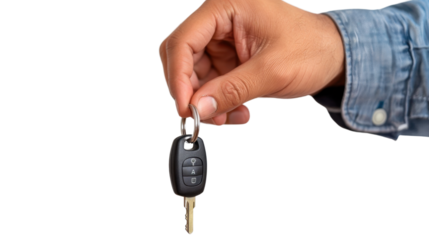 Hand holding car keys on transparent background