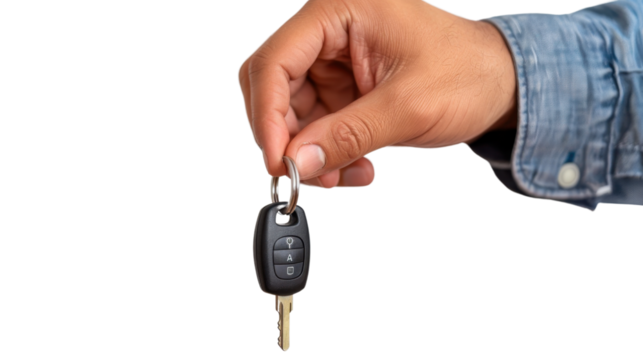Hand holding car keys on transparent background