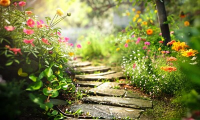 Sunlit garden path surrounded by colorful flowers in full bloom