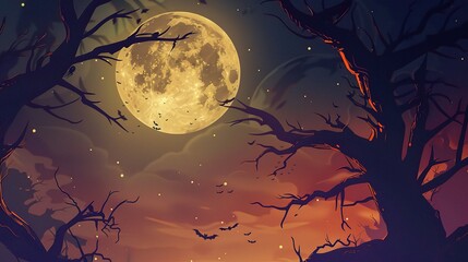 A spooky Halloween cartoon background with a prominent moon. The moon is shining brightly in the night sky, casting an eerie glow