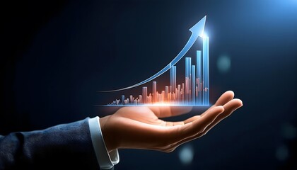 Concept of futuristic marketing analysis, holographic graph showing company financial statistics in the hands of a businessman or executive.