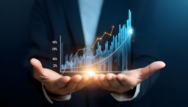 Concept of futuristic marketing analysis, holographic graph showing company financial statistics in the hands of a businessman or executive.