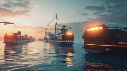 Fototapeta premium Futuristic autonomous shipping port with AI controlled loading systems
