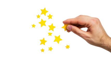 Hand adding star, rating, customer review concept on transparent background