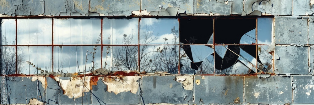 Leinwandbilder stories of neglect and abandonment evident in a broken window of a deteriorating cinder block struct