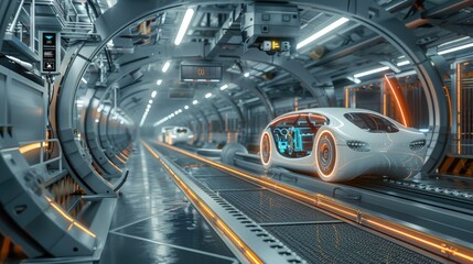 Obraz premium Futuristic autonomous vehicle manufacturing plant
