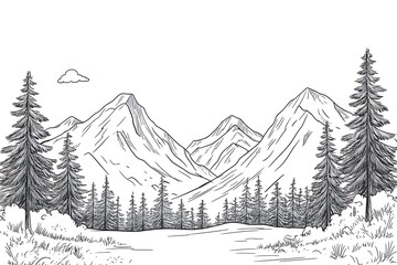 Mountain hill forest graphic black white landscape sketch illustration