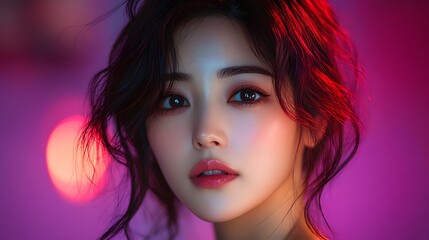 Fototapeta premium korean woman model, solid purple backdrop