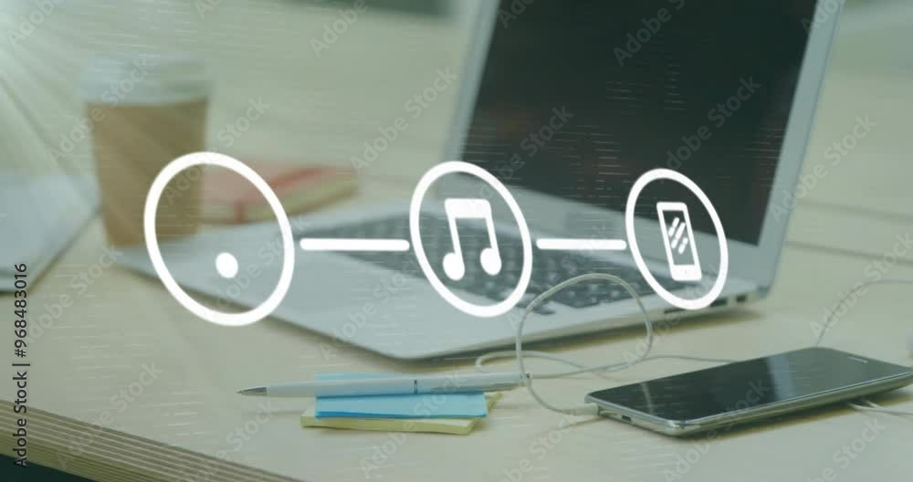 Poster animation of network of connections with icons over empty office with laptop