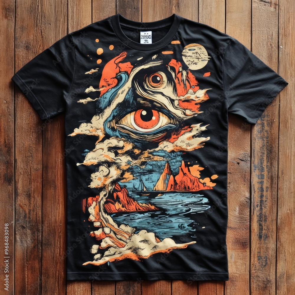 Canvas Prints Artistic black t-shirt featuring an eye and scenic elements.