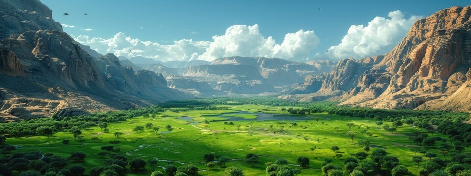 Hadramaut Valley Oasis: A lush green oasis surrounded by barren desert.
