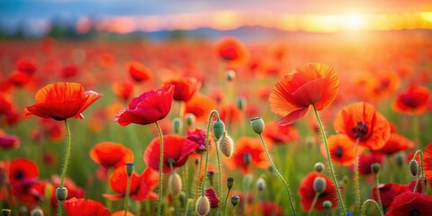 Fototapeta premium Vibrant background featuring a field of red poppies, flowers, blooming, nature, meadow, vibrant, red, petals
