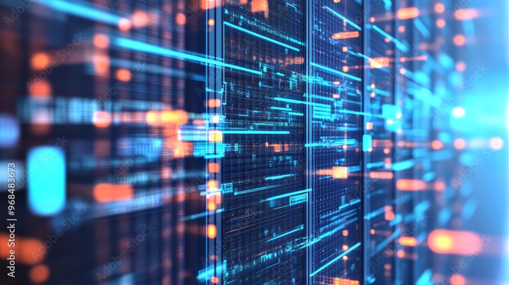 Poster abstract blue and orange server racks with data flow
