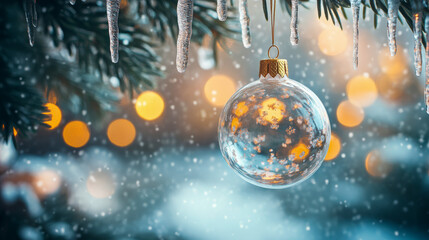 Merry Christmas and Happy New Year bright colorful composition. Xmas background with festive decorative elements. Festive banner and web poster, greeting card, flyer and brochure