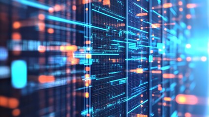 Abstract Blue and Orange Server Racks with Data Flow