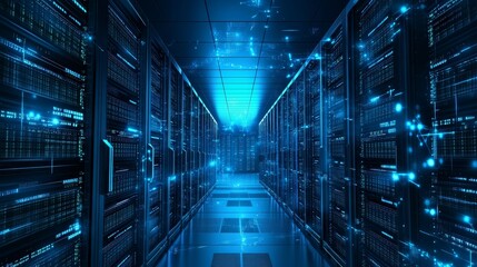 Data Center Server Room With Blue Glowing Lights And Network Connections