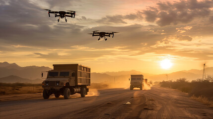 Fototapeta premium Military drones flying over trucks on a dusty road at sunset during a logistics operation