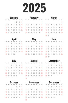 Calendar 2025 starts from Sunday. Minimalist, Clean, Simple and Modern Design. One page Calendar