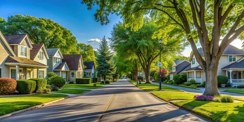 Fototapeta premium A serene residential neighborhood with tree-lined streets and well-maintained houses, suburban