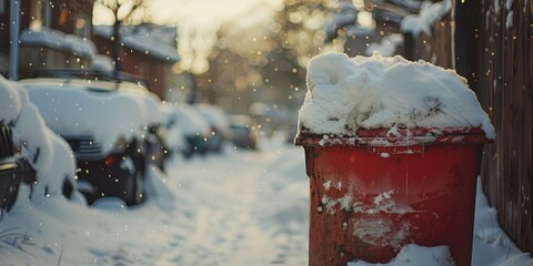 Snow covered garbage can after winter storm