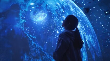 Futuristic home holographic planetarium with interactive star map