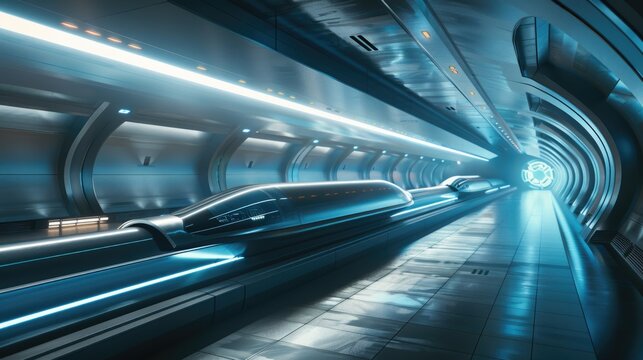 Futuristic hyperloop station with magnetic levitation technology