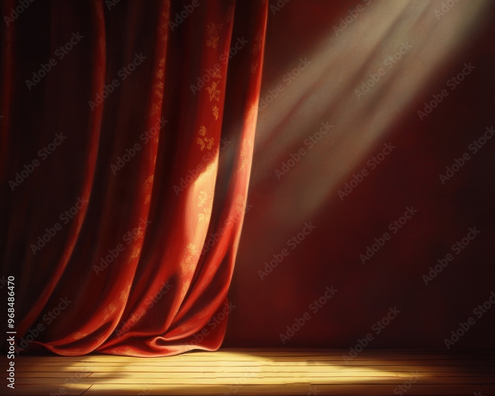 Poster a luxurious red curtain partially drawn, with soft light illuminating the scene, creating a warm and