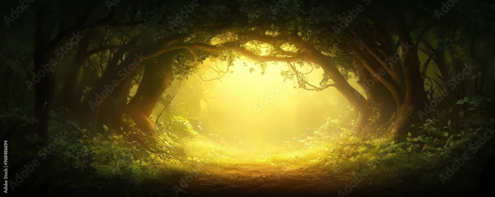 Poster a mystical forest scene illuminated by soft golden light, creating an enchanting atmosphere for natu