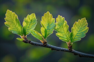 A close-up shot of a branch with four new green leaves, symbolizing growth and new beginnings.