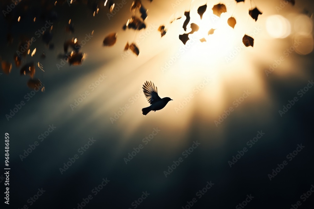 Poster a serene bird in flight with sunlight filtering through autumn leaves, creating a tranquil and uplif
