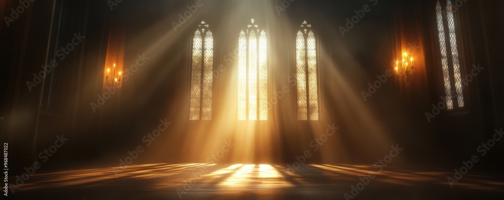 Poster a serene interior scene illuminated by soft rays of light shining through gothic windows, creating a