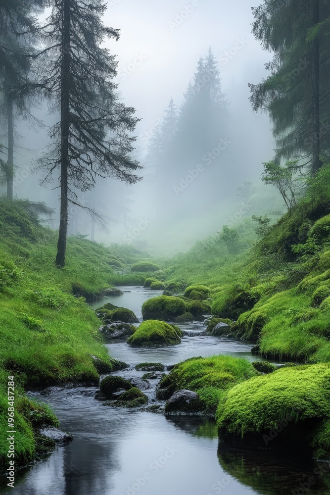 Poster a serene misty forest scene featuring a tranquil stream flowing through lush green moss and towering